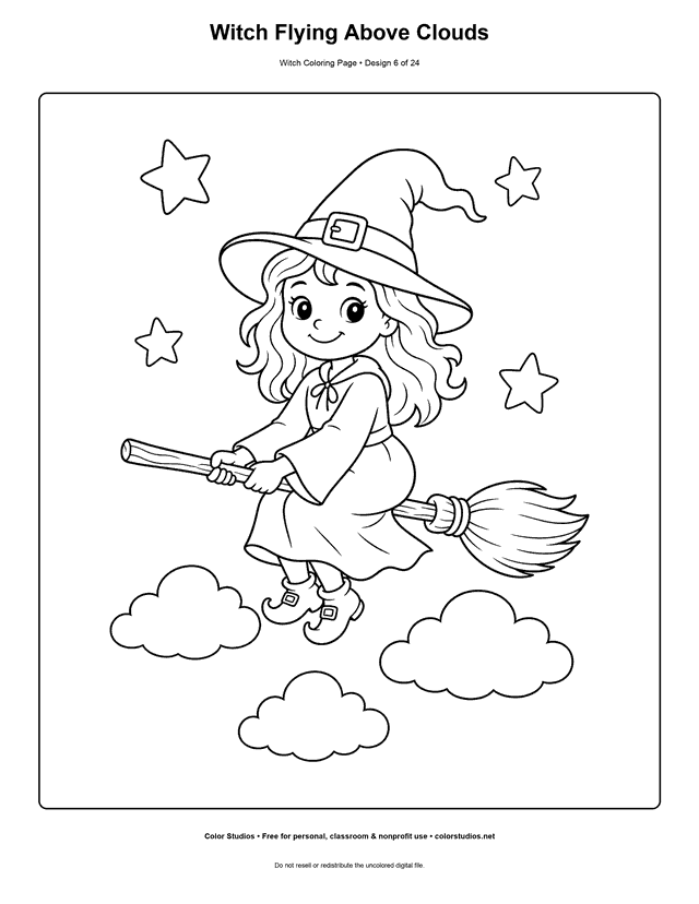 Witch Flying Above Clouds free printable friendly witch coloring page.