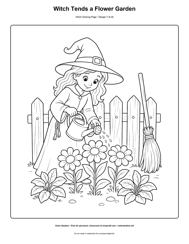 Witch Tends a Flower Garden free printable friendly witch coloring page.