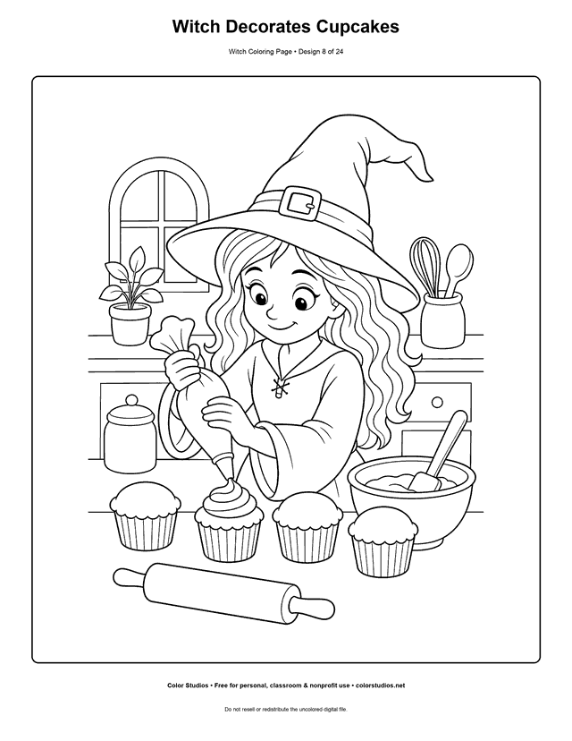 Witch Decorates Cupcakes free printable friendly witch coloring page.