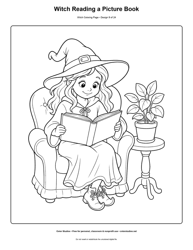 Witch Reading a Picture Book free printable friendly witch coloring page.