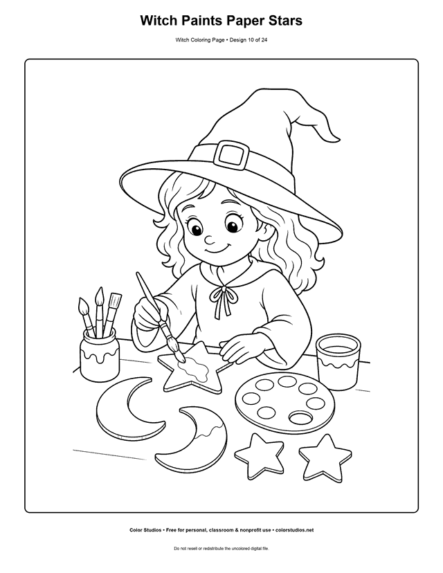 Witch Paints Paper Stars free printable friendly witch coloring page.