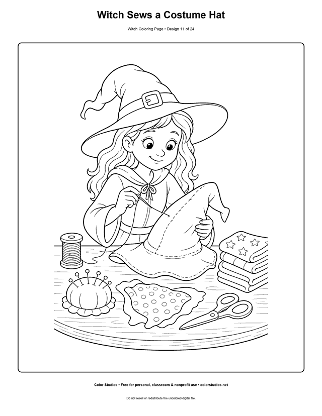 Witch Sews a Costume Hat free printable friendly witch coloring page.