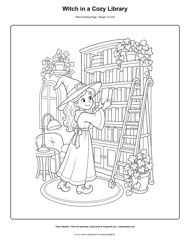 Witch in a Cozy Library free printable friendly witch coloring page.