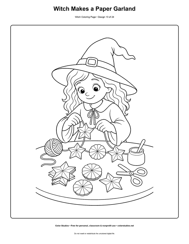 Witch Makes a Paper Garland free printable friendly witch coloring page.