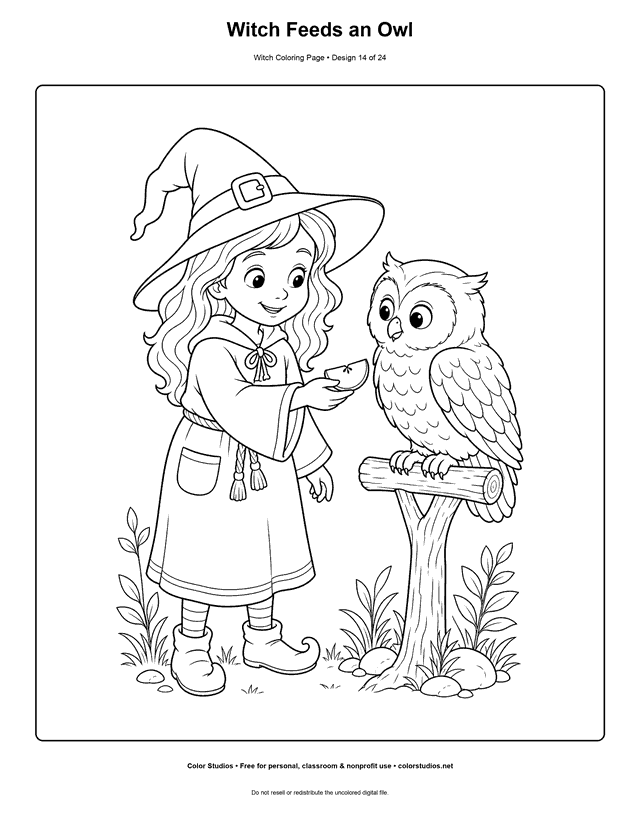 Witch Feeds an Owl free printable friendly witch coloring page.