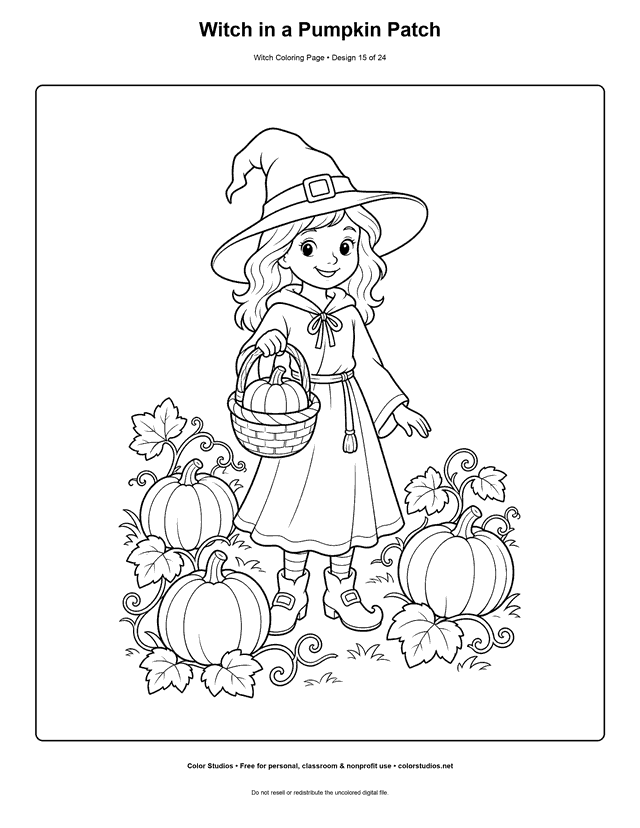 Witch in a Pumpkin Patch free printable friendly witch coloring page.