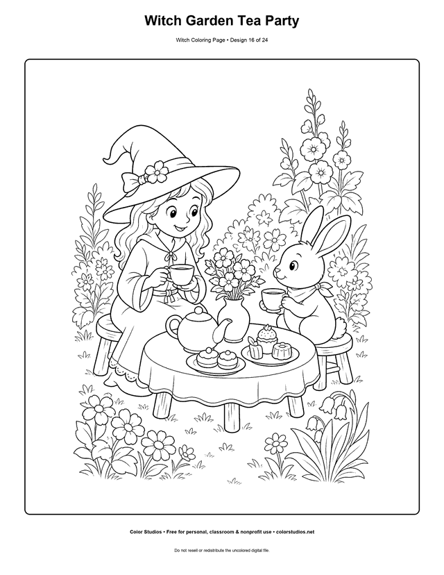 Witch Garden Tea Party free printable friendly witch coloring page.