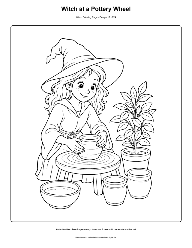 Witch at a Pottery Wheel free printable friendly witch coloring page.