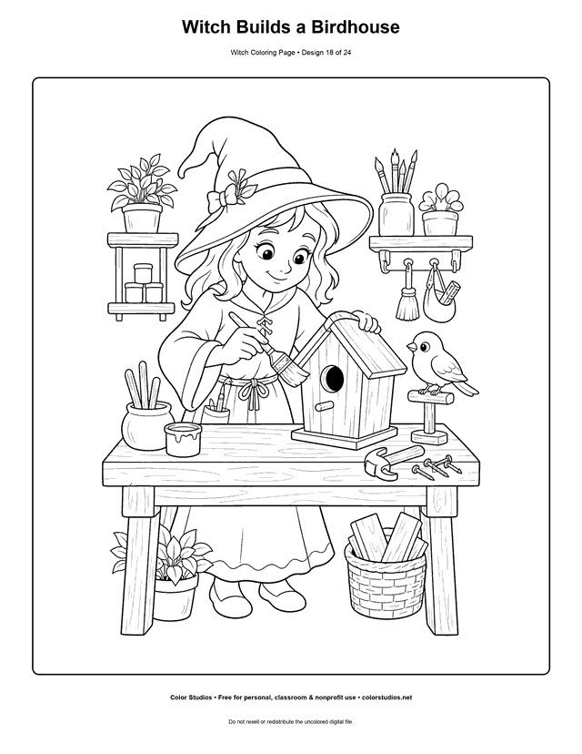 Witch Builds a Birdhouse free printable friendly witch coloring page.