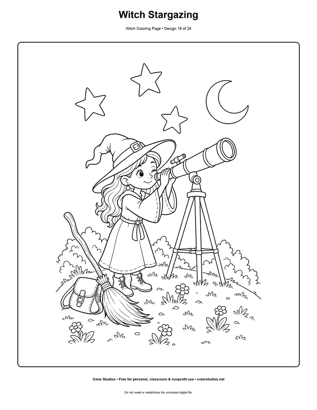 Witch Stargazing free printable friendly witch coloring page.