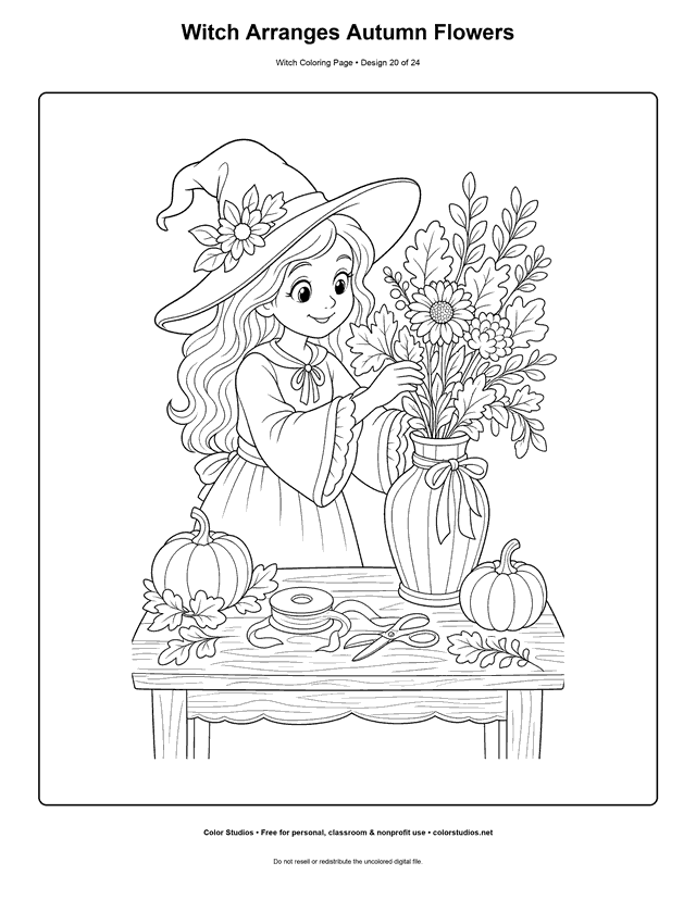 Witch Arranges Autumn Flowers free printable friendly witch coloring page.