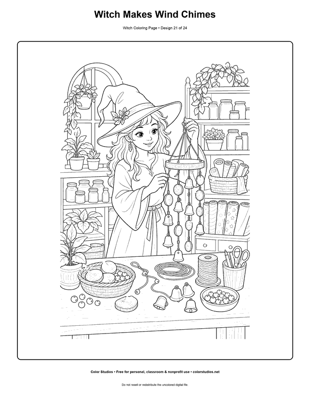Witch Makes Wind Chimes free printable friendly witch coloring page.