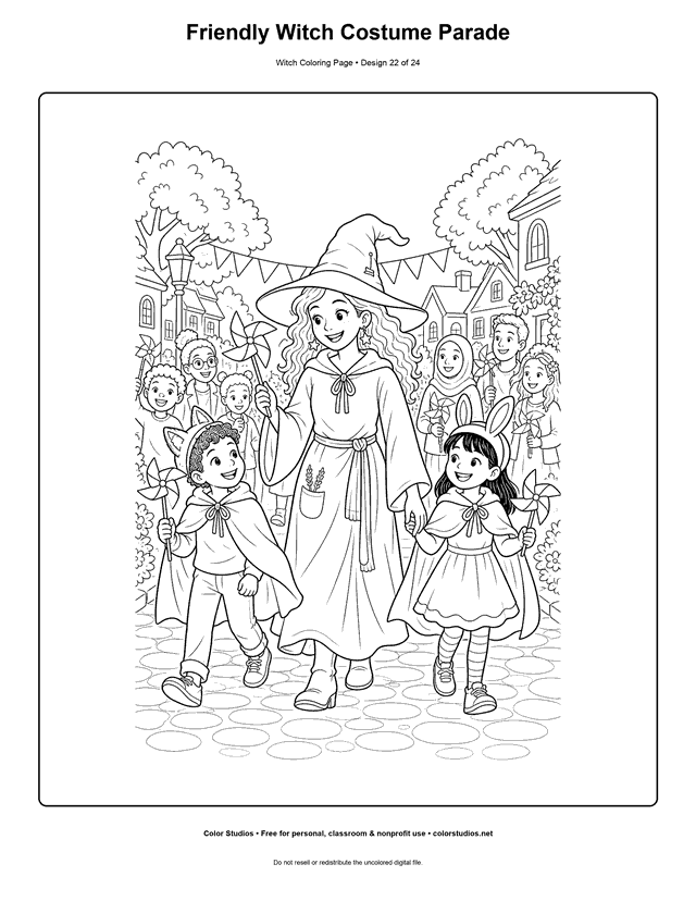 Friendly Witch Costume Parade free printable friendly witch coloring page.