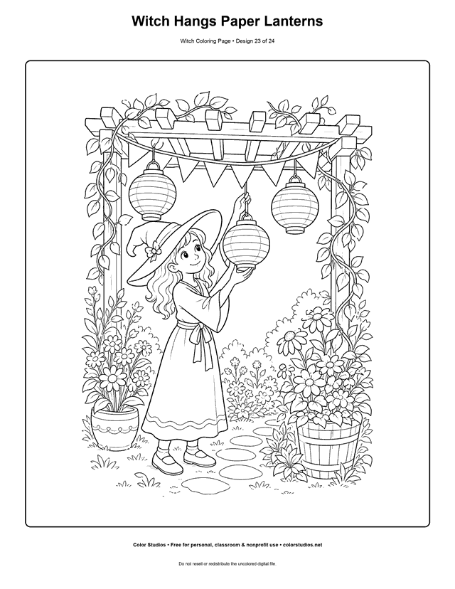 Witch Hangs Paper Lanterns free printable friendly witch coloring page.