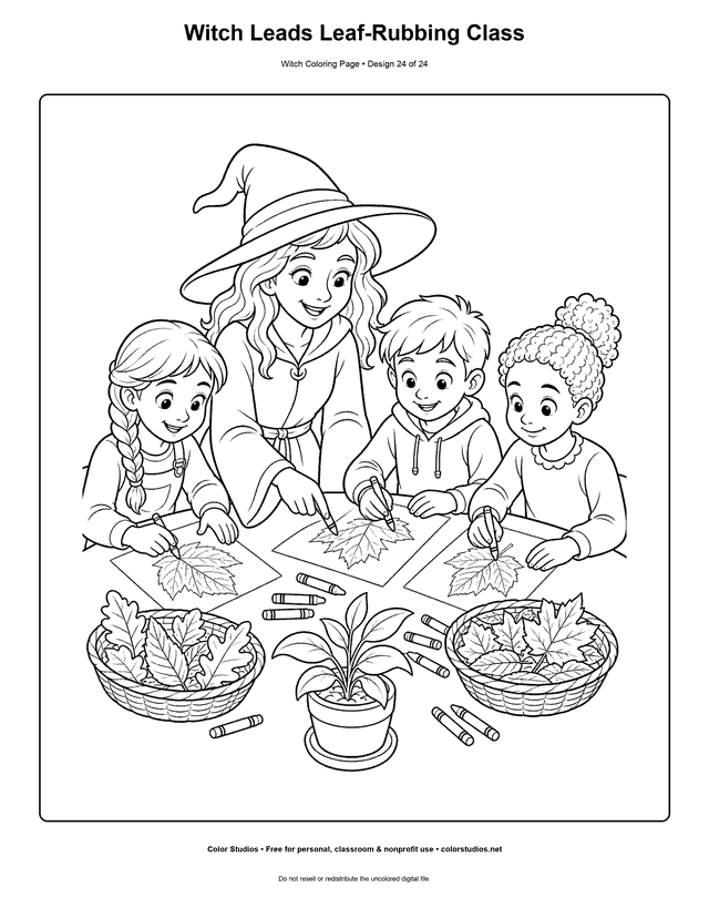 Witch Leads Leaf-Rubbing Class free printable friendly witch coloring page.