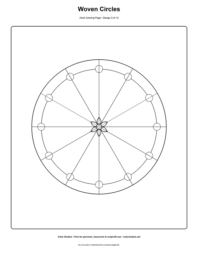 Woven Circles, an original adult coloring page with detailed complexity