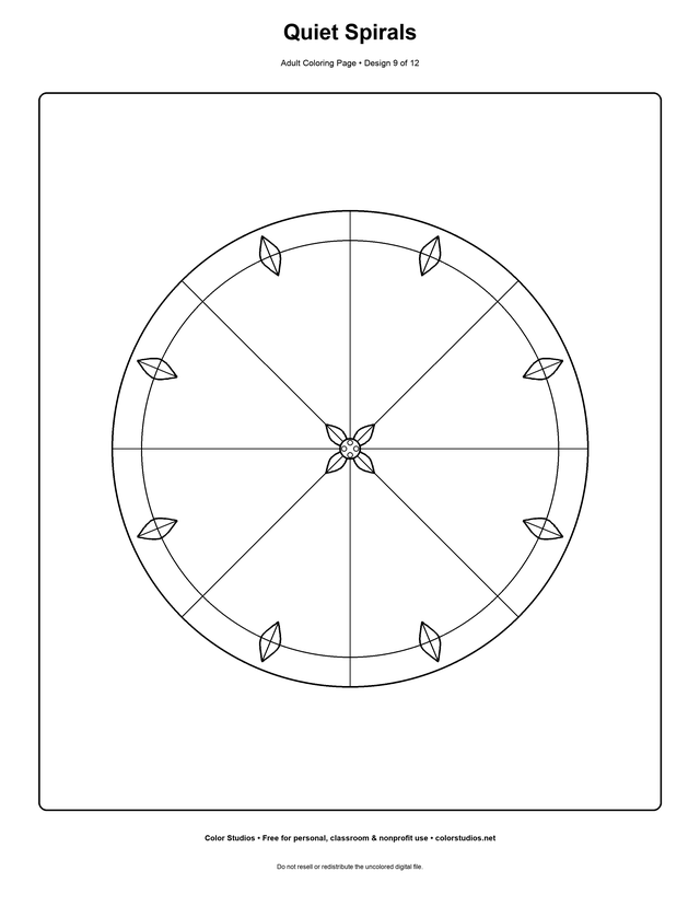 Quiet Spirals, an original adult coloring page with detailed complexity