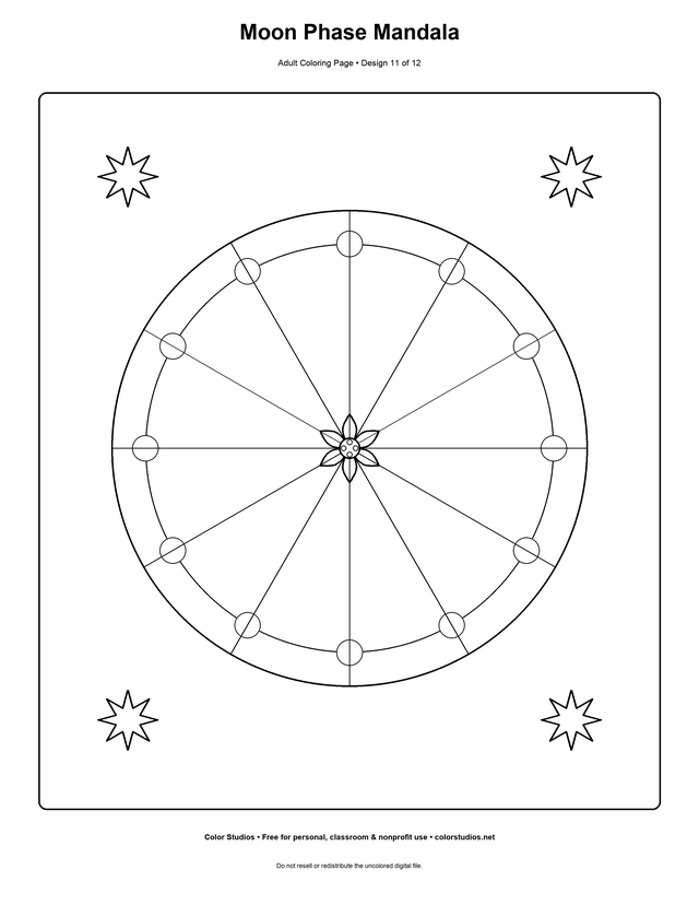 Moon Phase Mandala, an original adult coloring page with detailed complexity
