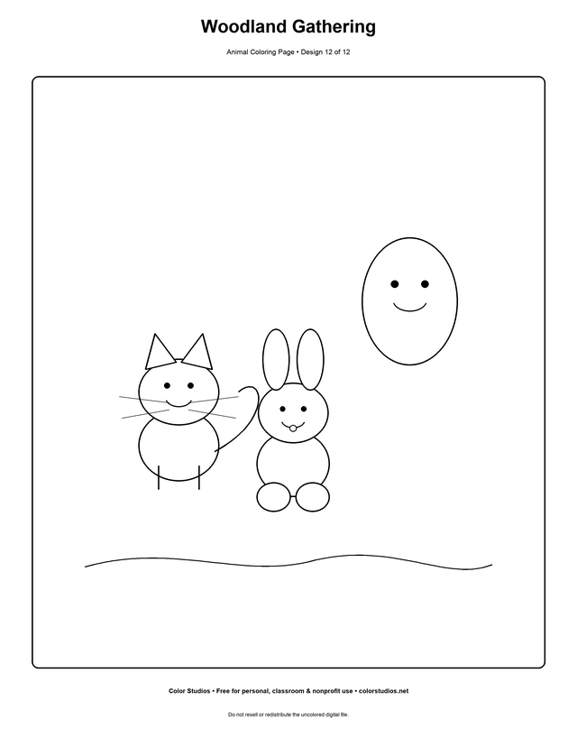 Woodland Gathering, an original animal coloring page with detailed complexity