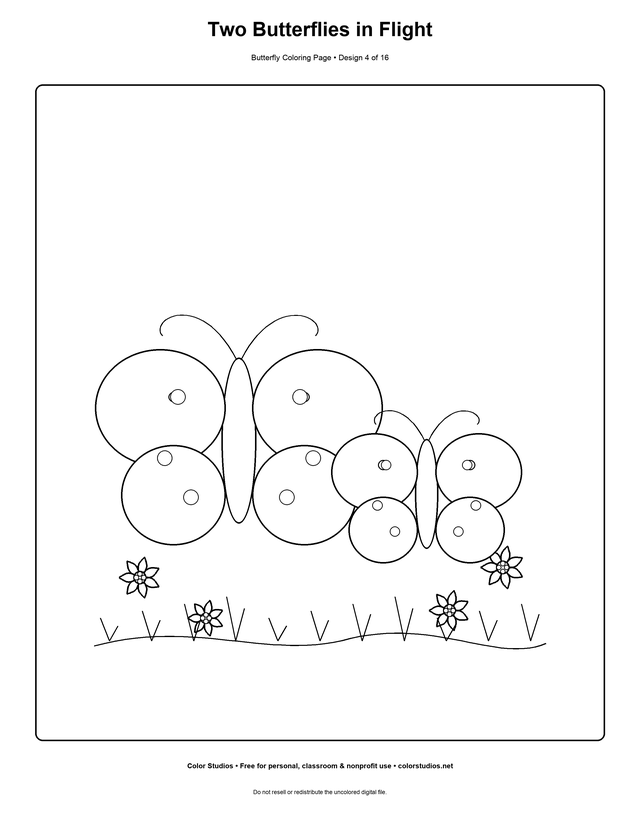 Two Butterflies in Flight, an original butterfly coloring page with easy complexity