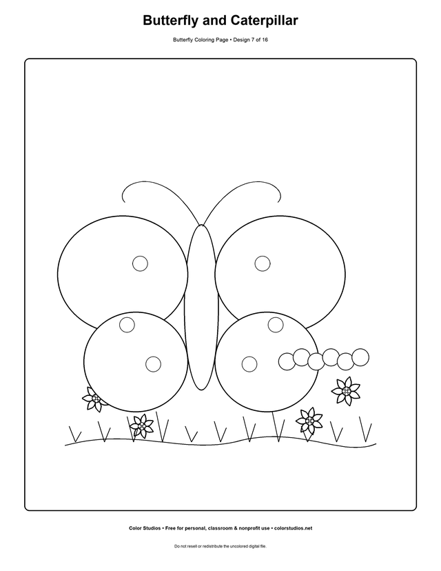 Butterfly and Caterpillar, an original butterfly coloring page with easy complexity