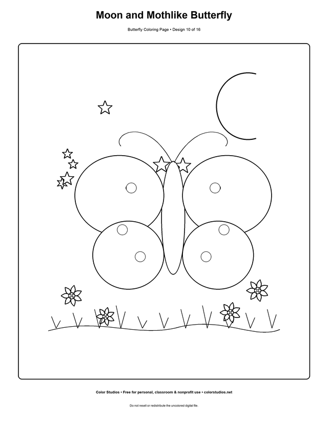 Moon and Mothlike Butterfly, an original butterfly coloring page with easy complexity