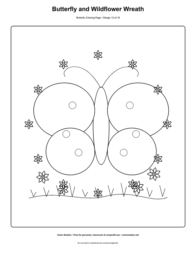 Butterfly and Wildflower Wreath, an original butterfly coloring page with detailed complexity