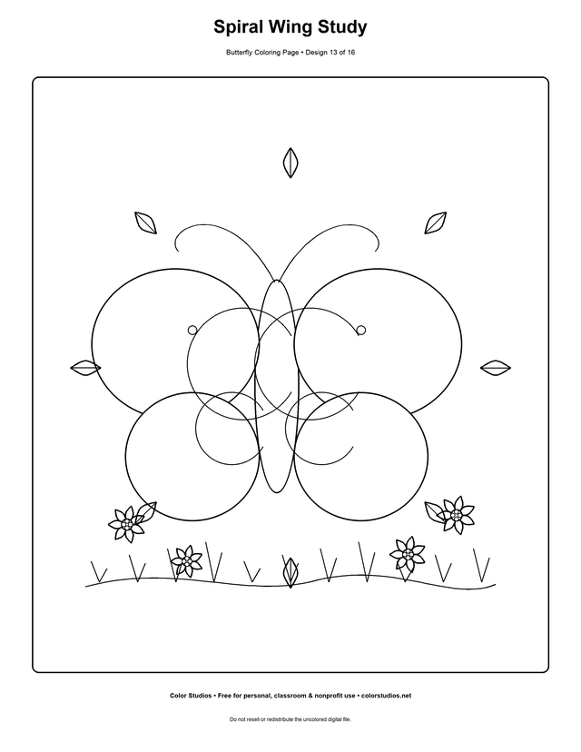 Spiral Wing Study, an original butterfly coloring page with easy complexity