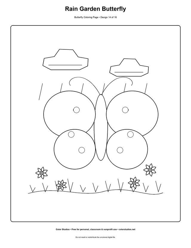 Rain Garden Butterfly, an original butterfly coloring page with medium complexity