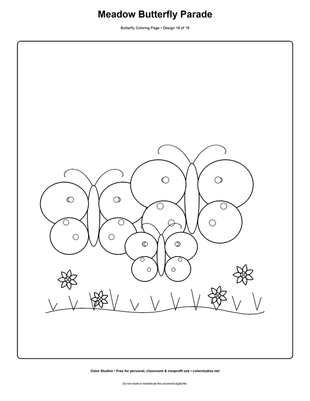 Meadow Butterfly Parade, an original butterfly coloring page with easy complexity