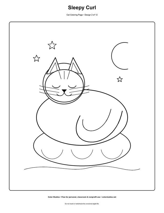 Sleepy Curl, an original cat coloring page with medium complexity