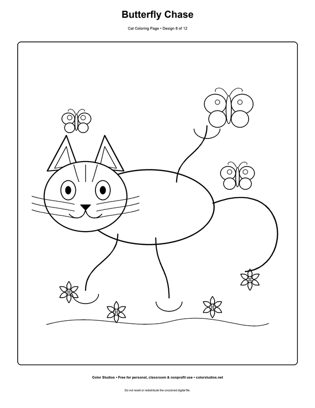 Butterfly Chase, an original cat coloring page with medium complexity