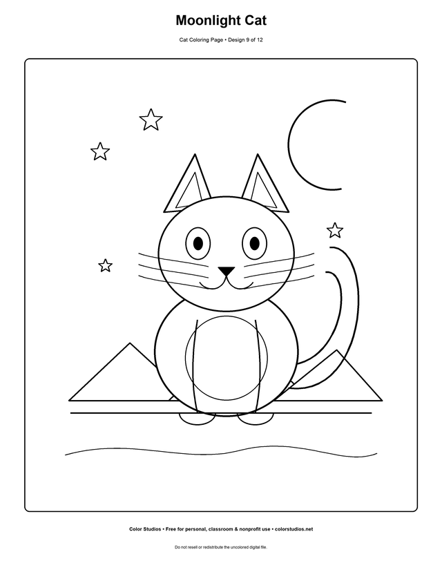Moonlight Cat, an original cat coloring page with detailed complexity