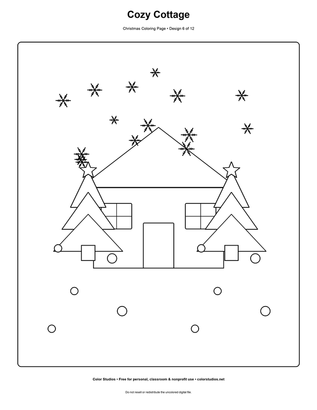 Cozy Cottage, an original christmas coloring page with detailed complexity