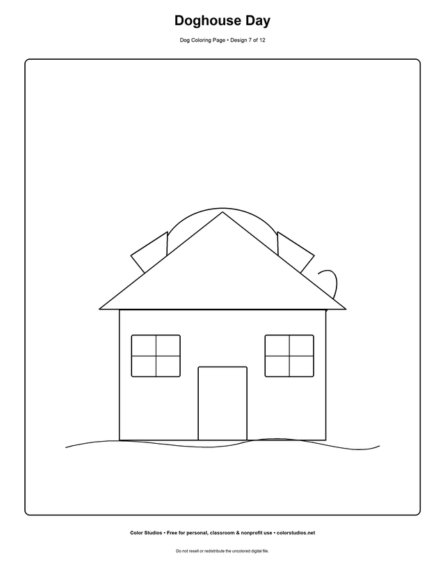 Doghouse Day, an original dog coloring page with easy complexity
