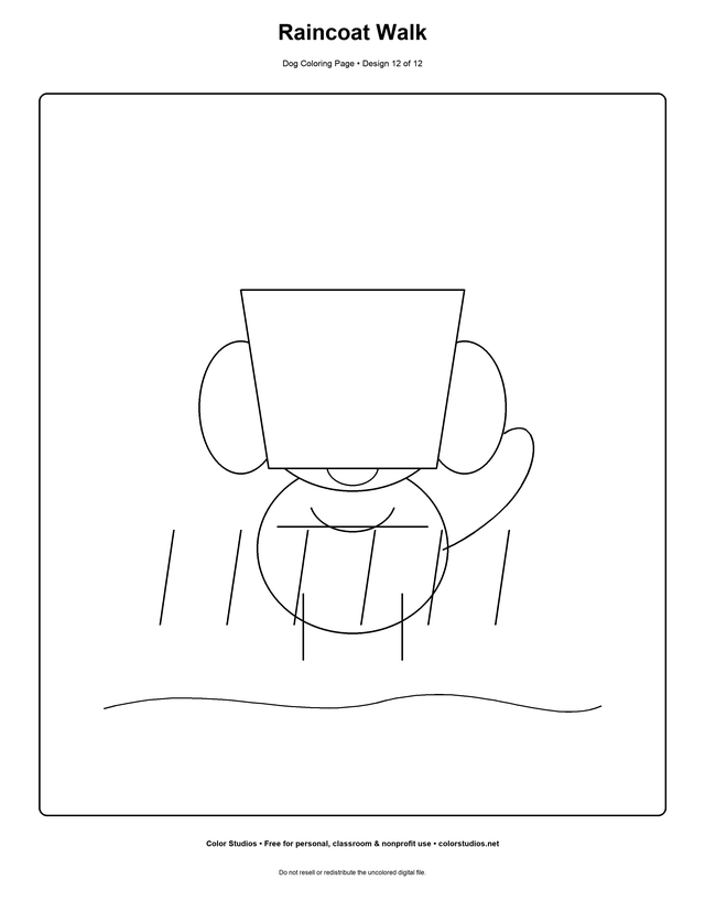 Raincoat Walk, an original dog coloring page with detailed complexity