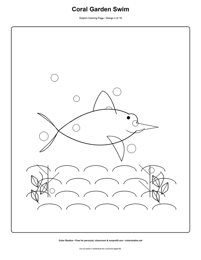 Coral Garden Swim, an original dolphin coloring page with easy complexity
