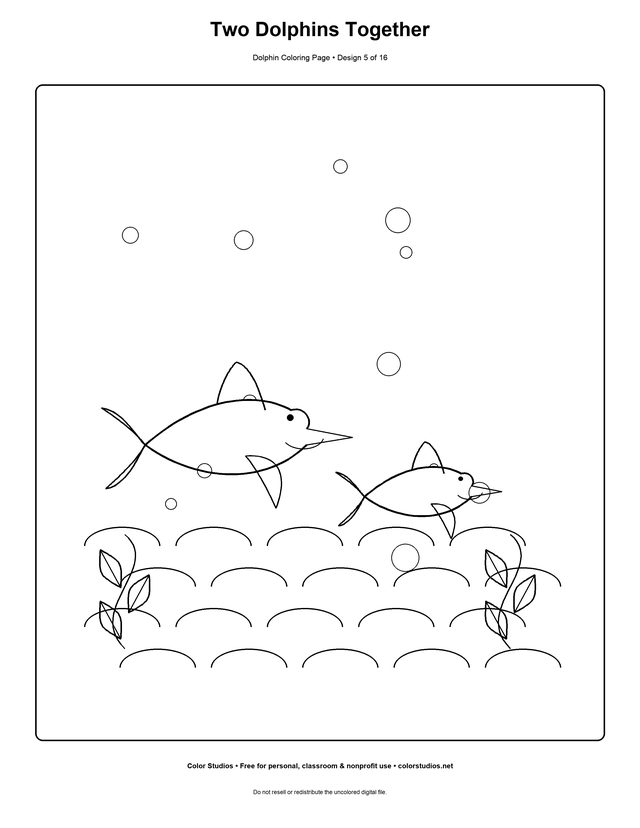 Two Dolphins Together, an original dolphin coloring page with medium complexity