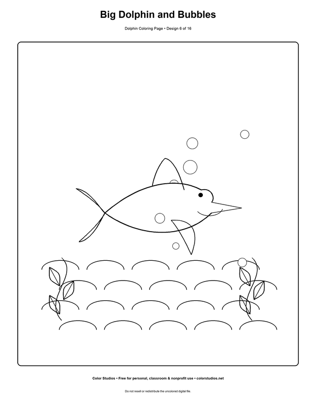 Big Dolphin and Bubbles, an original dolphin coloring page with detailed complexity