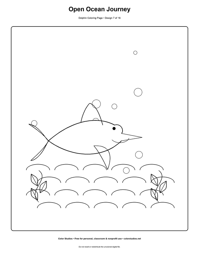 Open Ocean Journey, an original dolphin coloring page with easy complexity