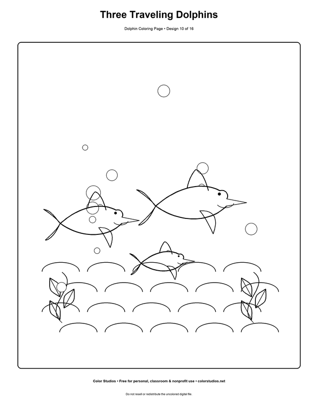 Three Traveling Dolphins, an original dolphin coloring page with easy complexity