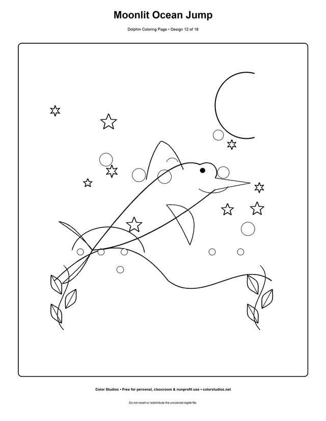 Moonlit Ocean Jump, an original dolphin coloring page with detailed complexity
