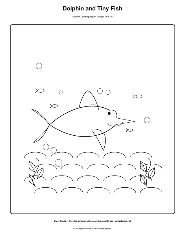 Dolphin and Tiny Fish, an original dolphin coloring page with easy complexity