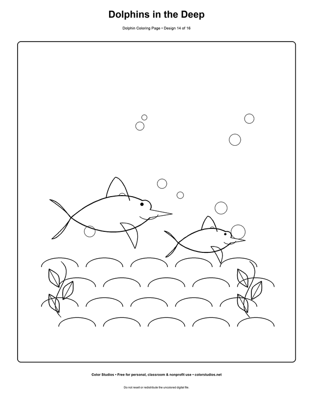 Dolphins in the Deep, an original dolphin coloring page with medium complexity