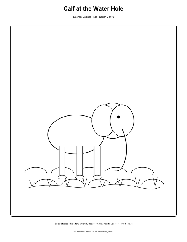 Calf at the Water Hole, an original elephant coloring page with medium complexity