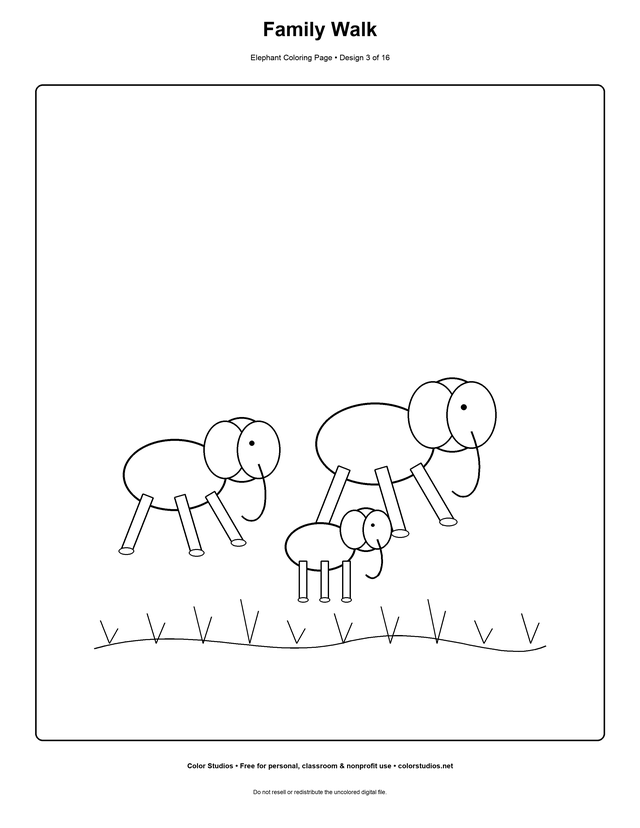 Family Walk, an original elephant coloring page with detailed complexity