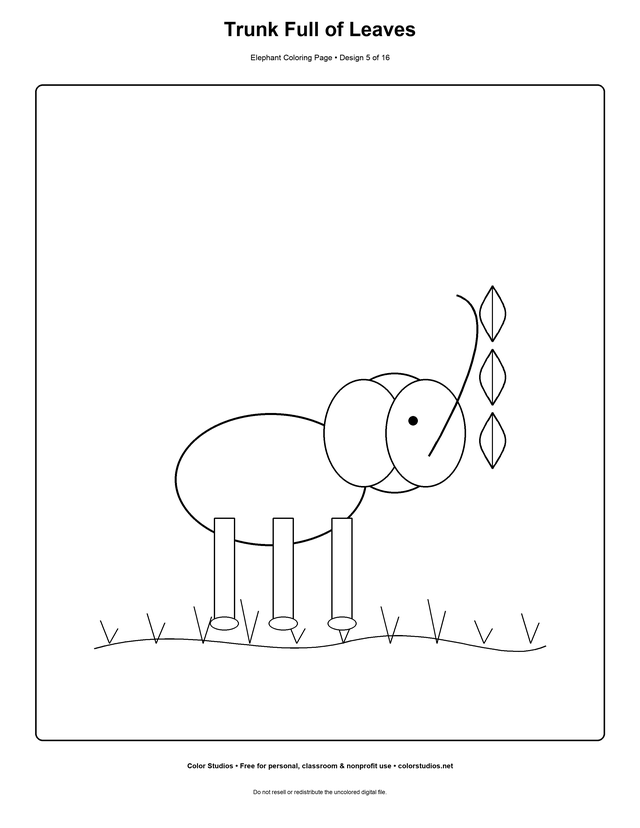 Trunk Full of Leaves, an original elephant coloring page with medium complexity