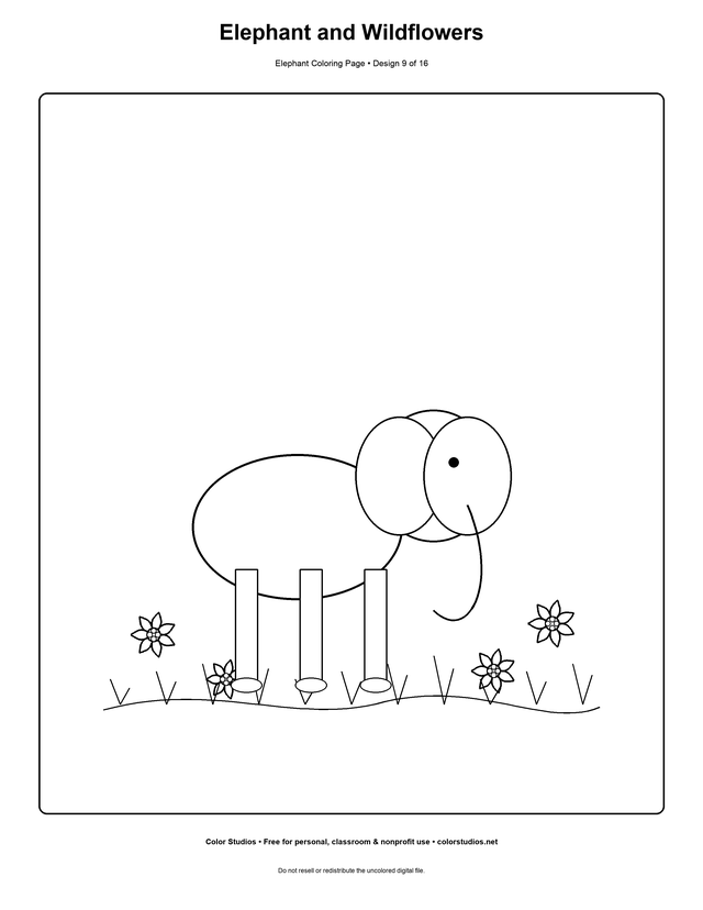 Elephant and Wildflowers, an original elephant coloring page with detailed complexity