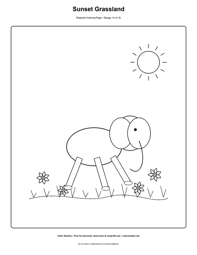 Sunset Grassland, an original elephant coloring page with medium complexity