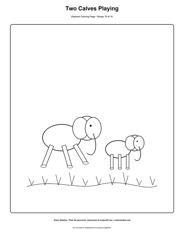 Two Calves Playing, an original elephant coloring page with detailed complexity